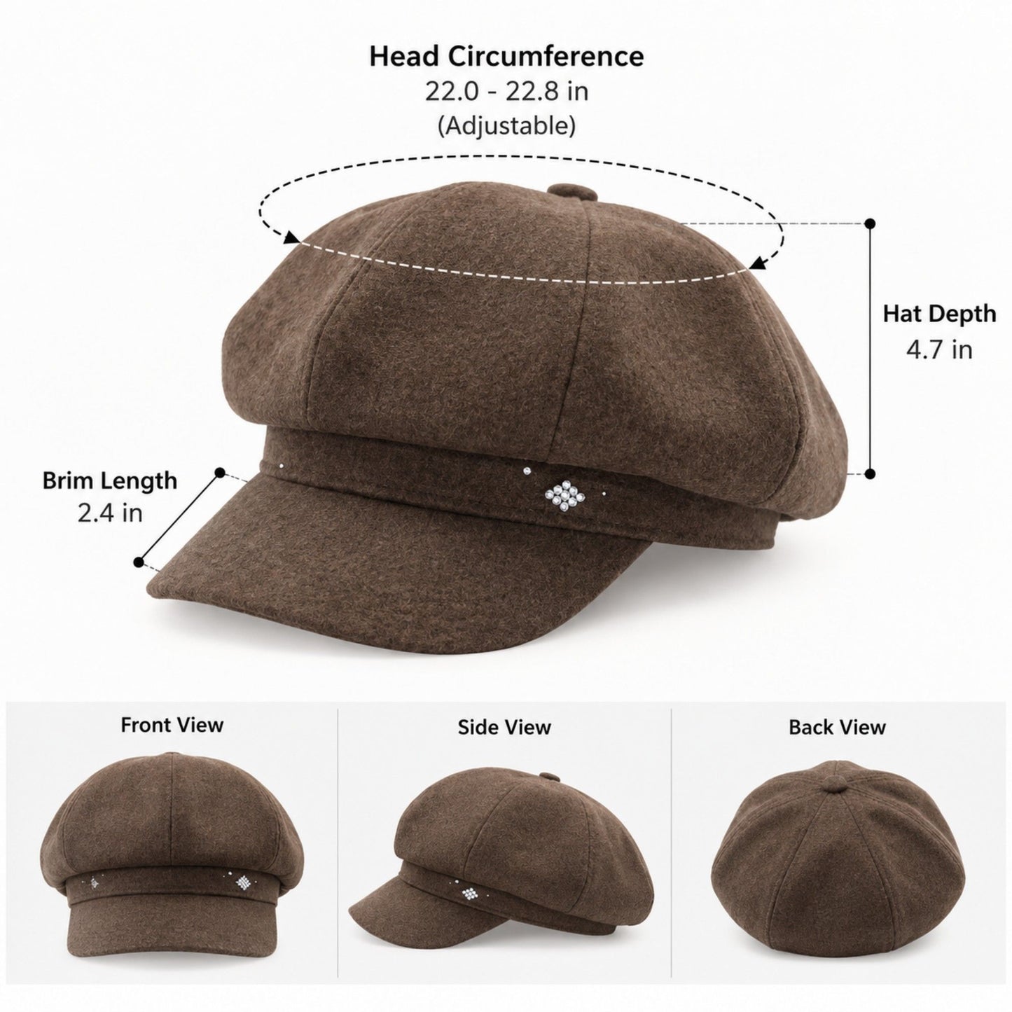 Embellished Newsboy Cap Adjustable Brim Baker Boy Hat