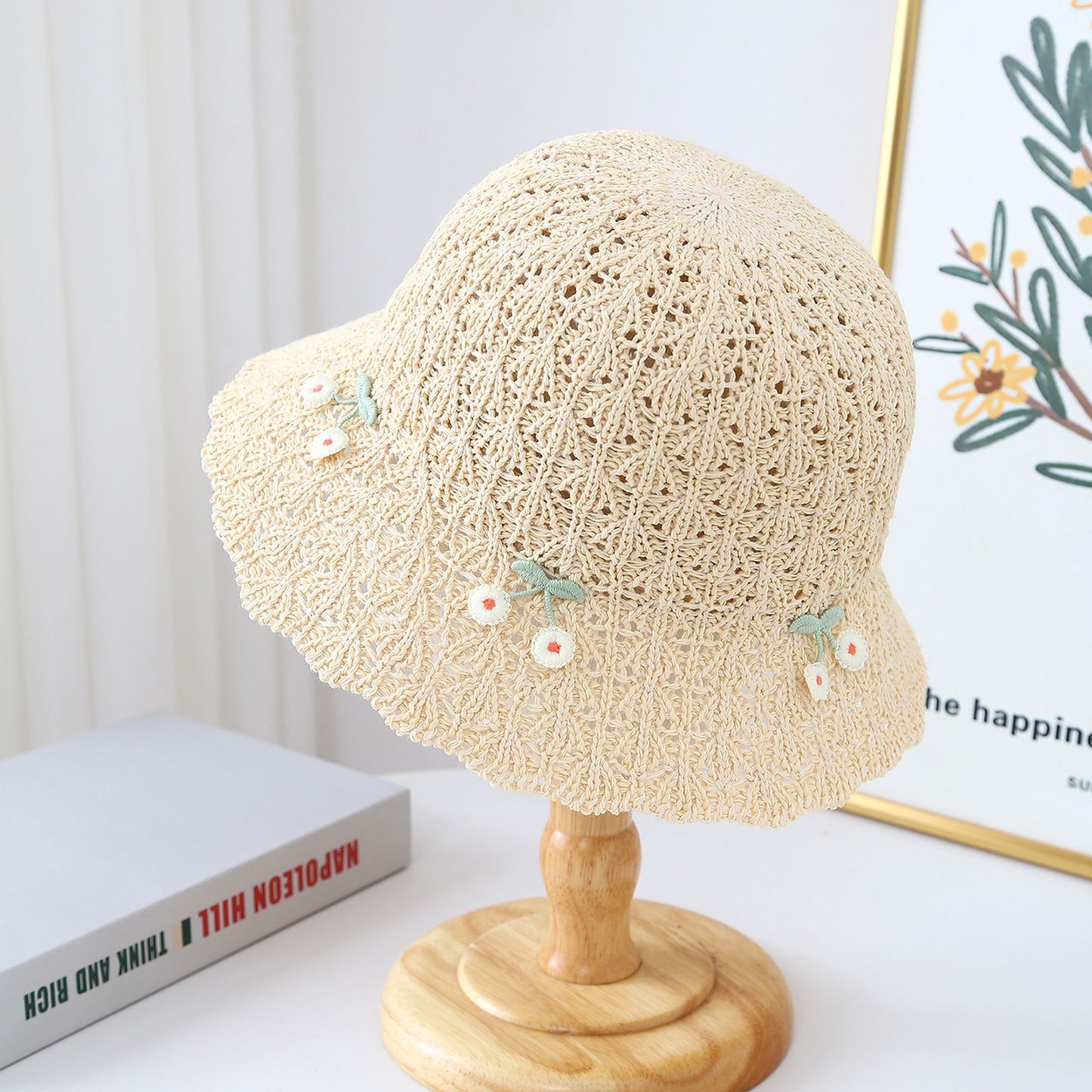 Crochet Straw Sun Hat with Cherry Accents
