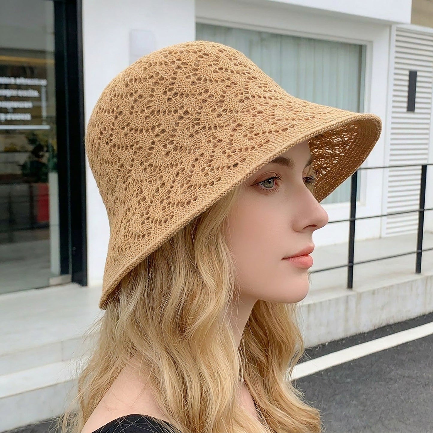 Crochet Bucket Sun Hat with Open Weave Texture and Flexible Brim Design