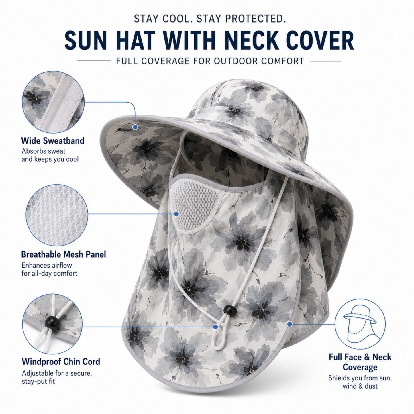 Floral Wide Brim Sun Hat with Face Cover Neck Flap and Mesh Breathing Panel