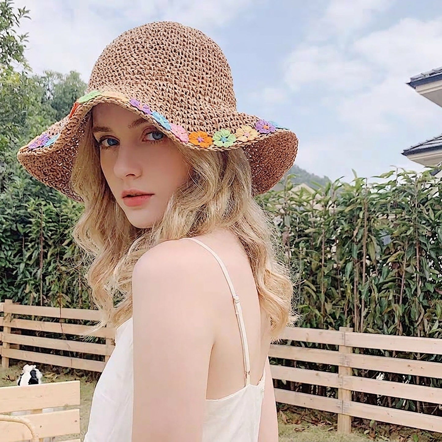 Crochet Bucket Sun Hat with Floral Applique Trim and Soft Brim Design