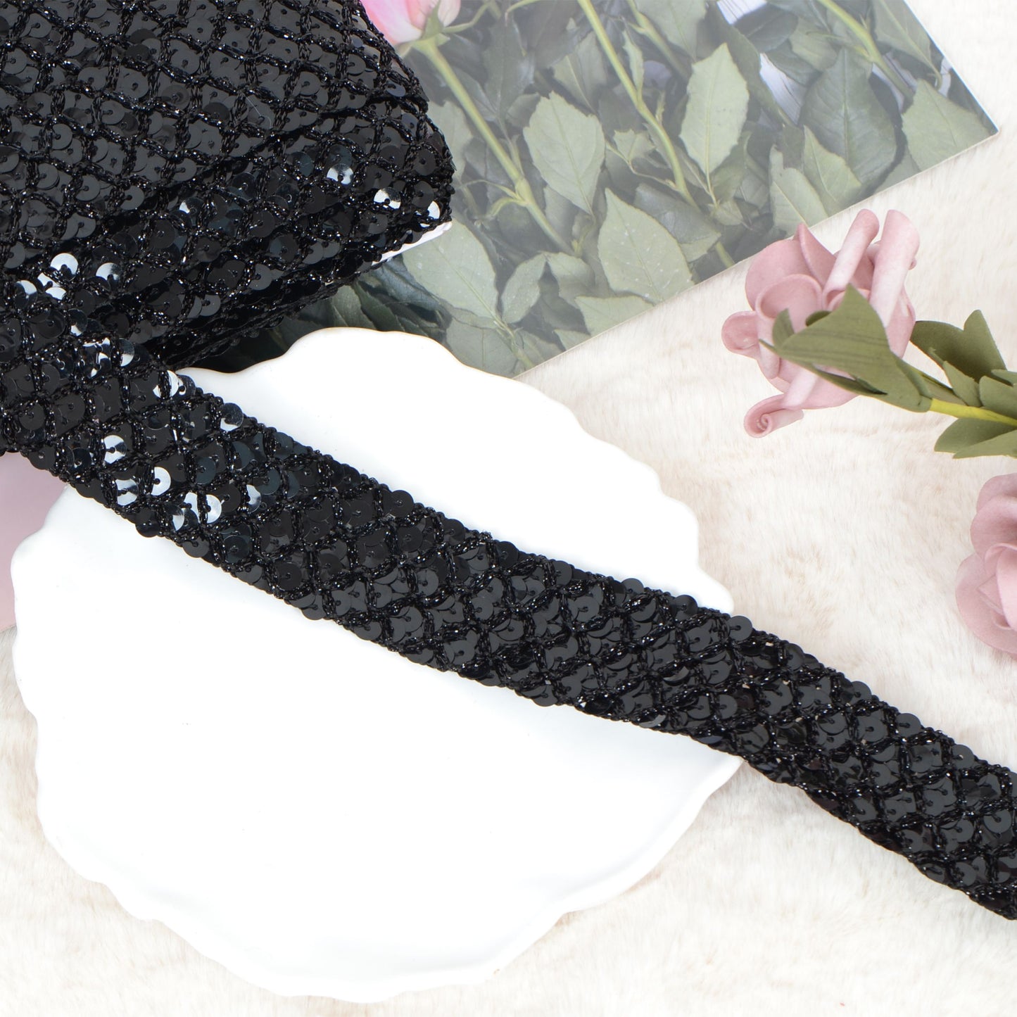 Sewing Sequin Trim 1.2 Inch 6 Row, 25 Yards Glitter Sequin Strip Ribbon Metallic Stretch Bling Fabric DIY Craft Decoration