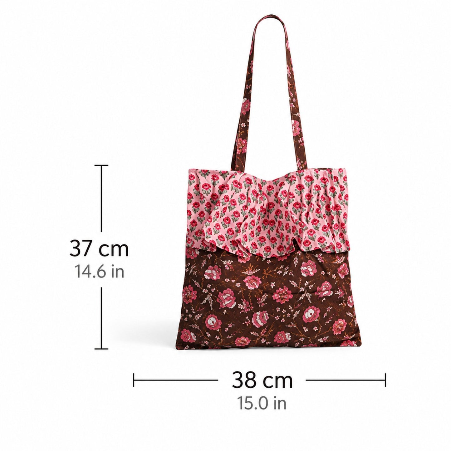 Vintage Floral Print Canvas Tote Bag Ruffled Edge Shoulder Bag Cottagecore Casual Everyday Shopper