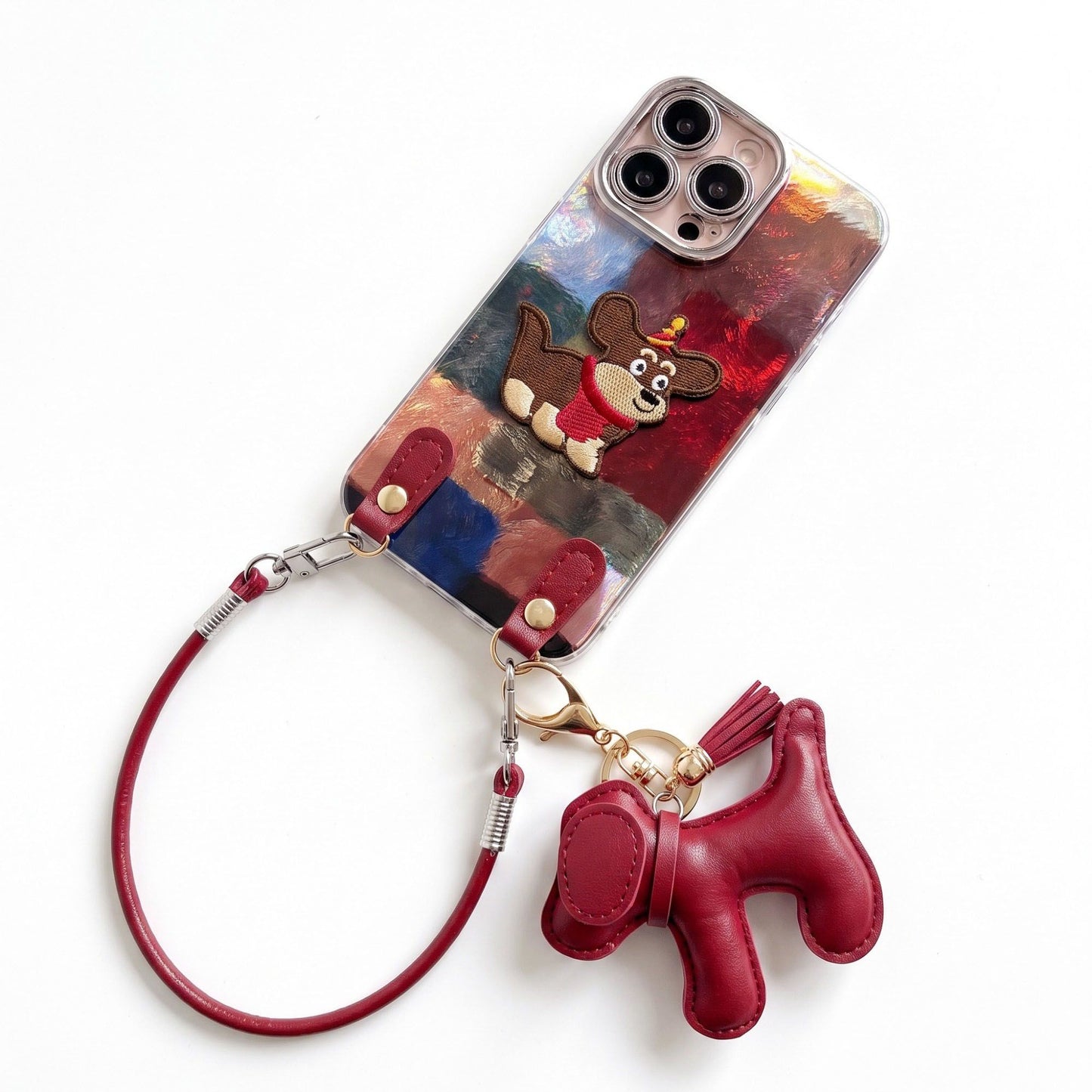 Dog Patch Phone Case Wrist Strap Set Puppy Charm Tassel Decorative Cover