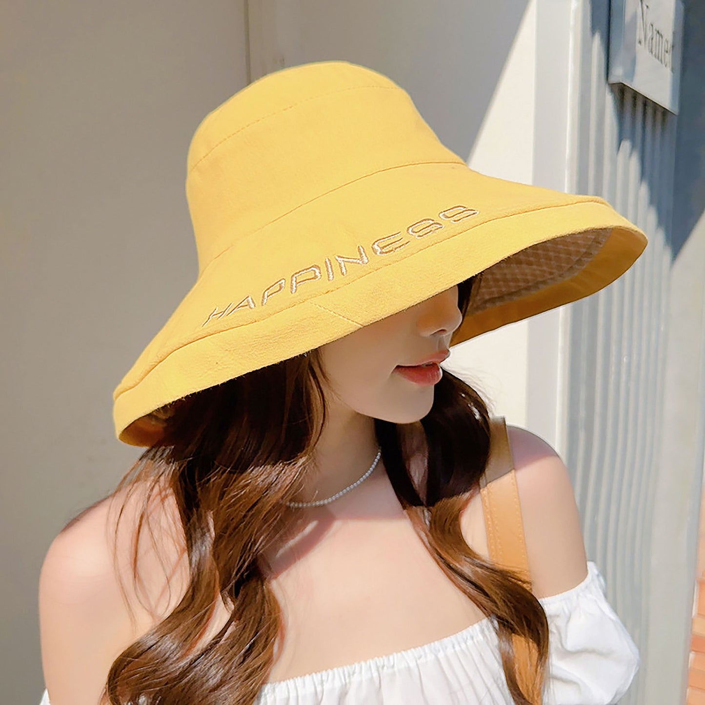 Women's HAPPINESS Embroidered Wide - Brim Bucket Hat