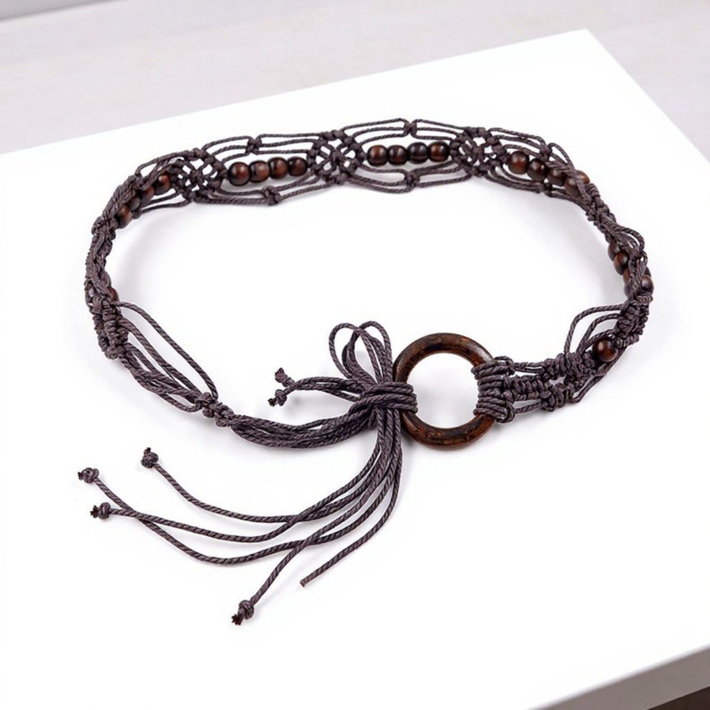 Woven Rope Belt with Large Circular Buckle and Bohemian Knot Detail 49in