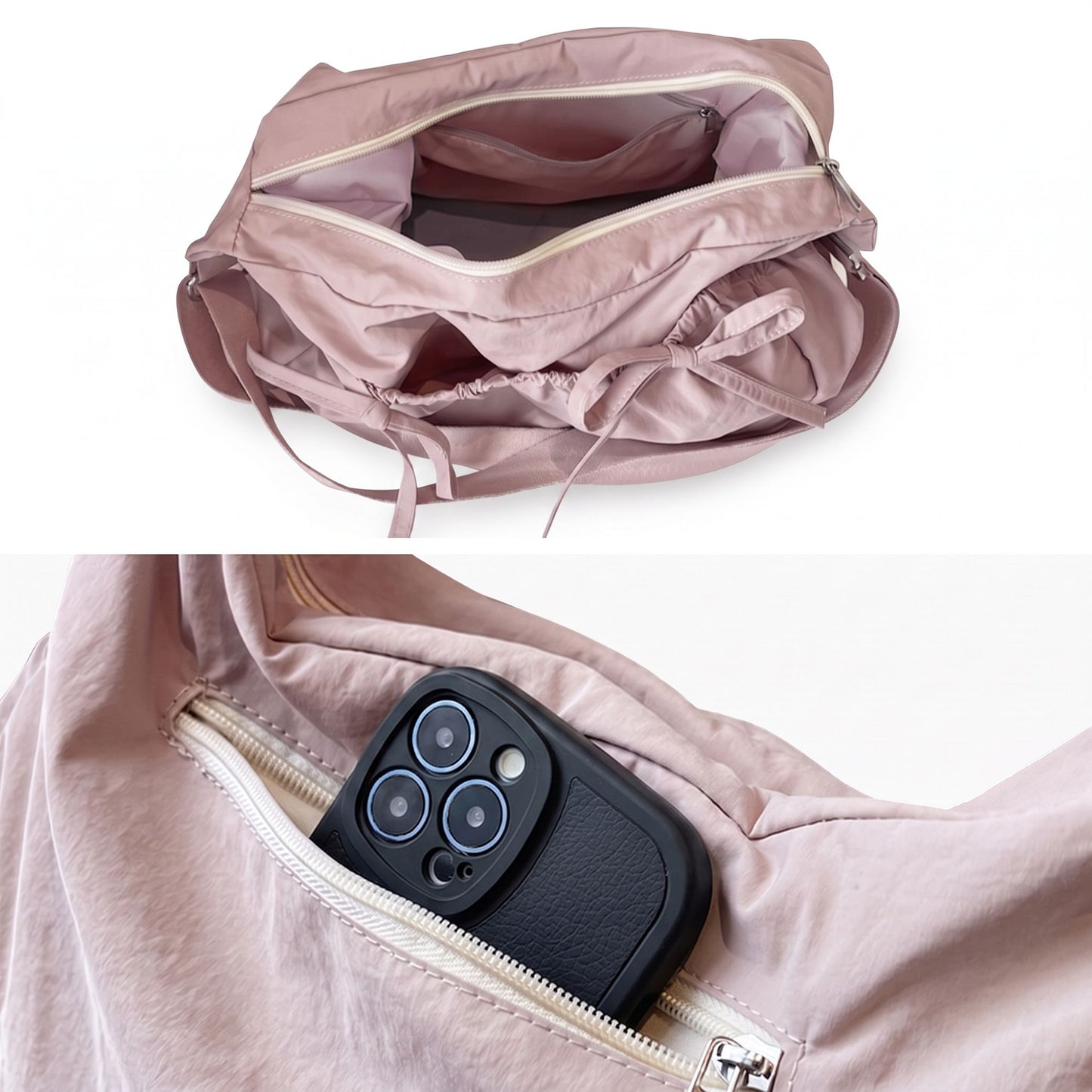 Lightweight Bow Detail Hobo Shoulder Bag with Adjustable Strap and Multiple Pockets