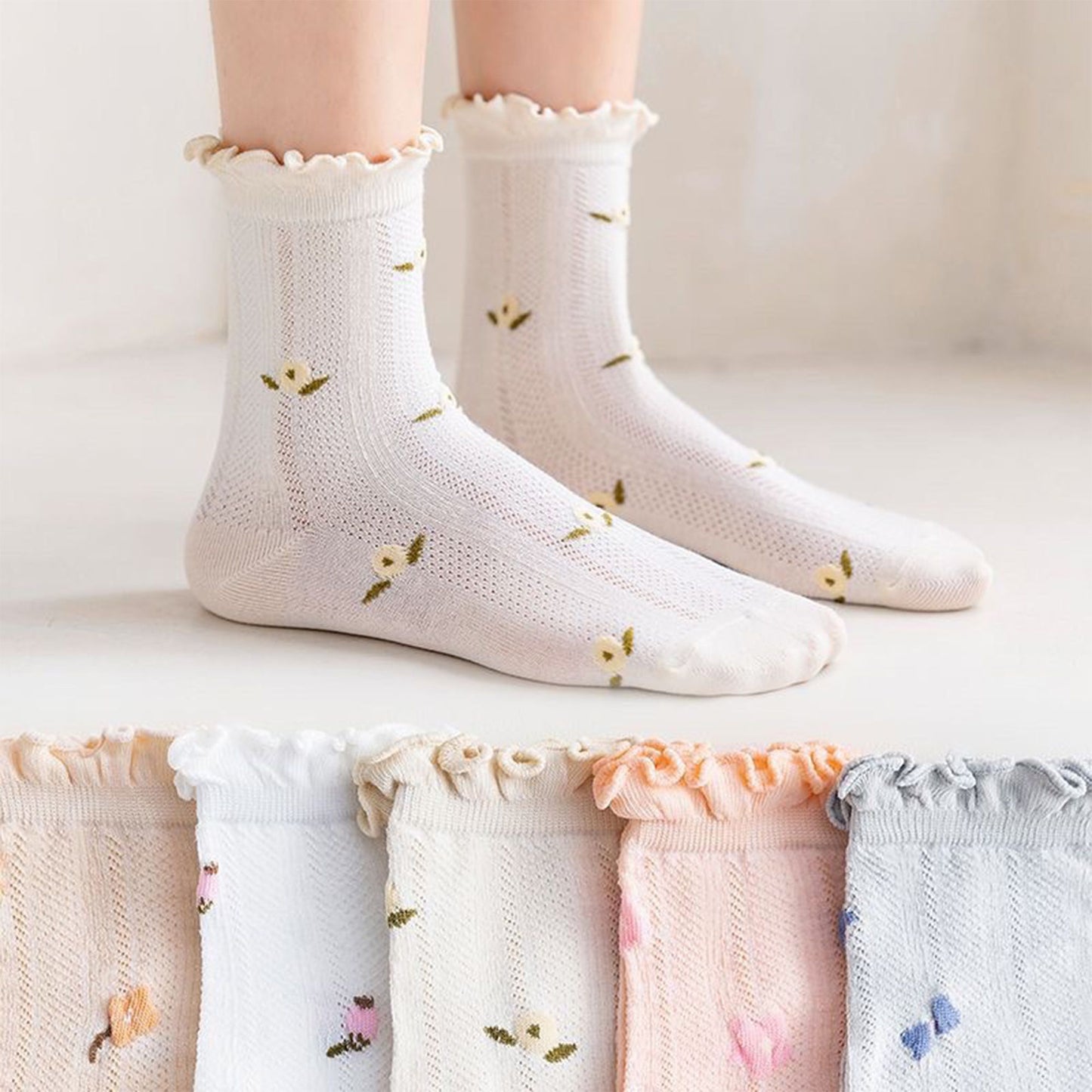 5-Pair Set Ruffle Ankle Socks with Floral Embroidery and Breathable Knit Design for Flats or Mary Janes