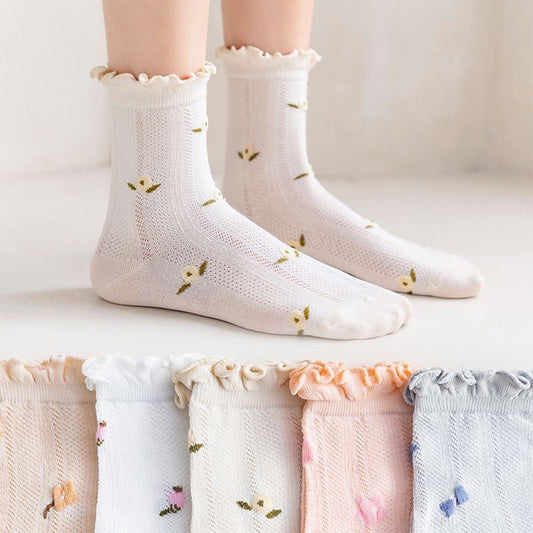 5-Pair Set Ruffle Ankle Socks with Floral Embroidery and Breathable Knit Design for Flats or Mary Janes