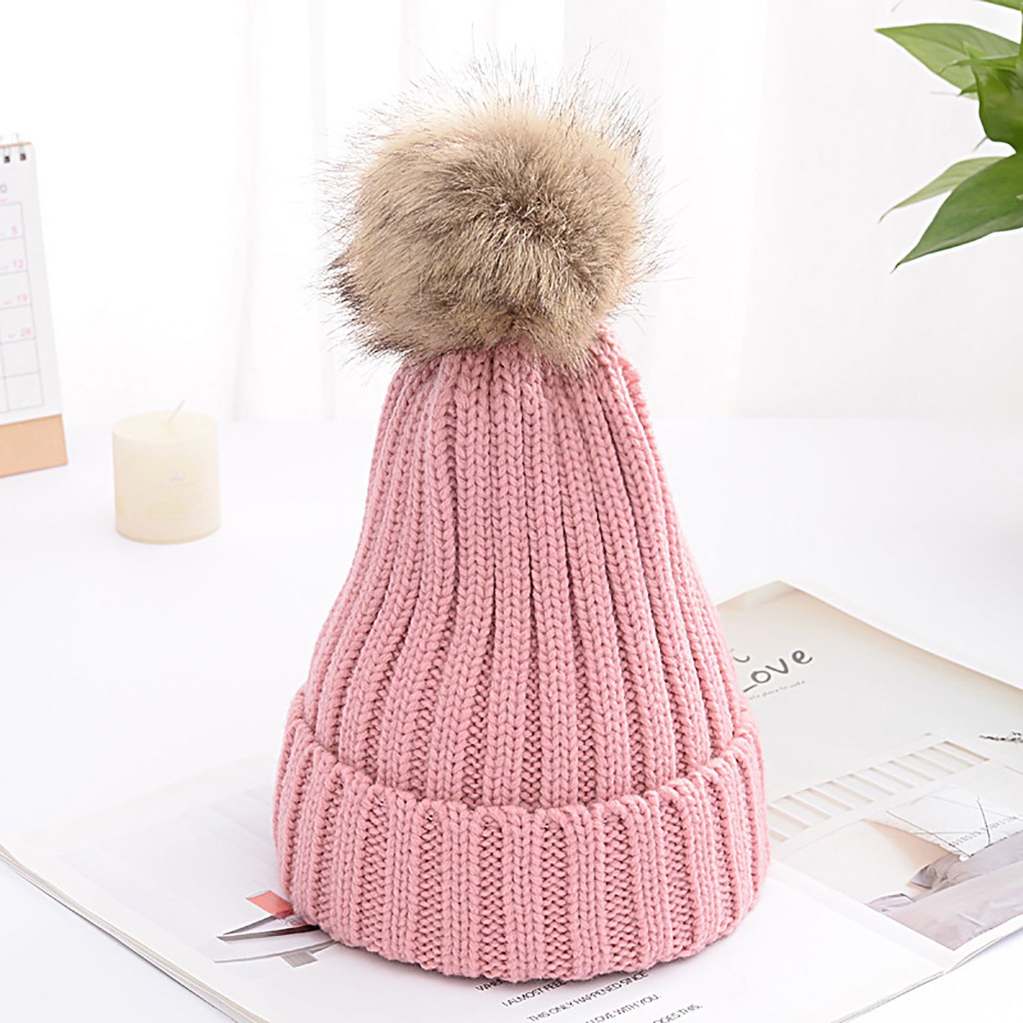 Cable Knit Beanie with Faux Fur Pom-Pom - Warm Stretchy Winter Hat for Casual Daily Wear