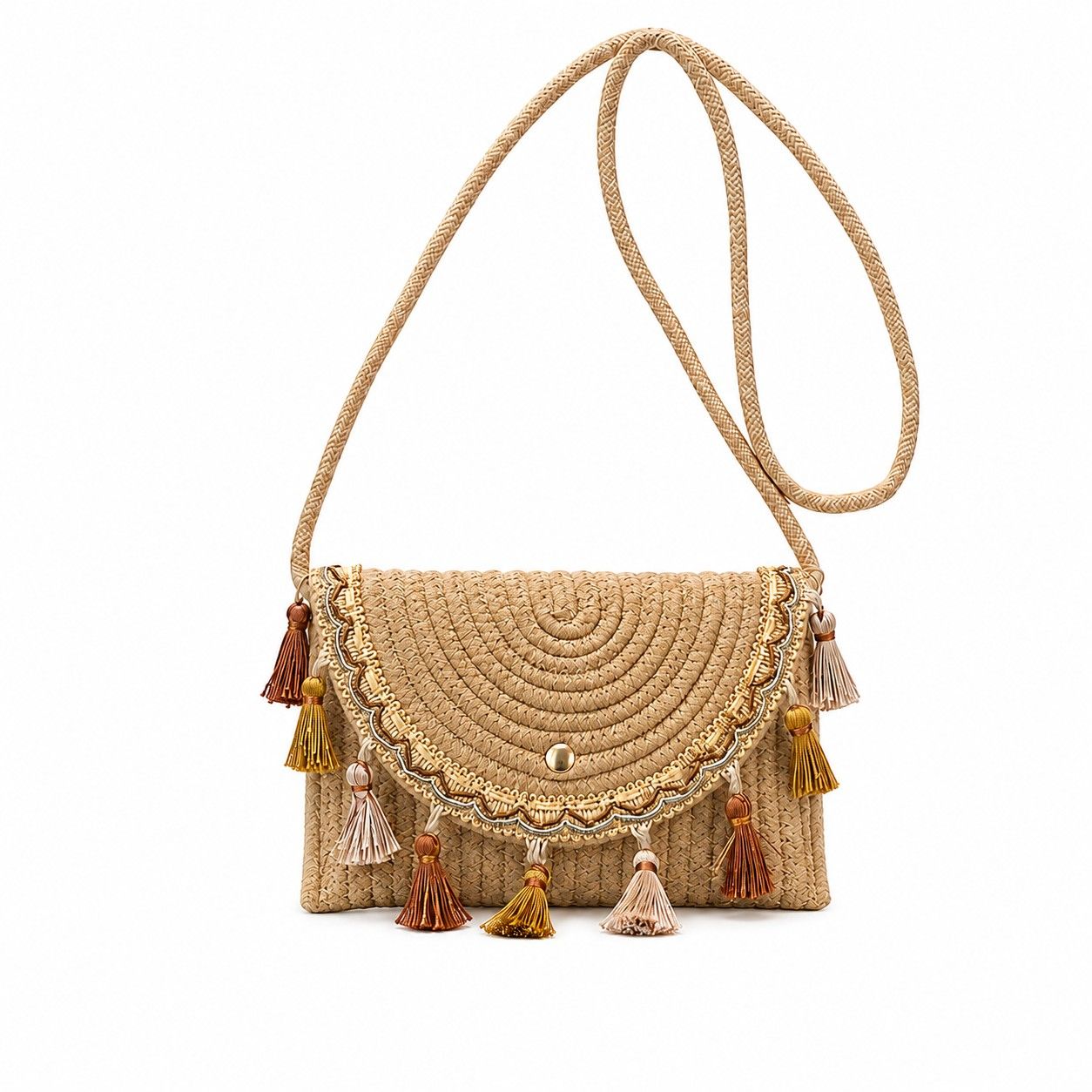 Boho Woven Fabric Crossbody Bag with Tassel Trim and Magnetic Closure