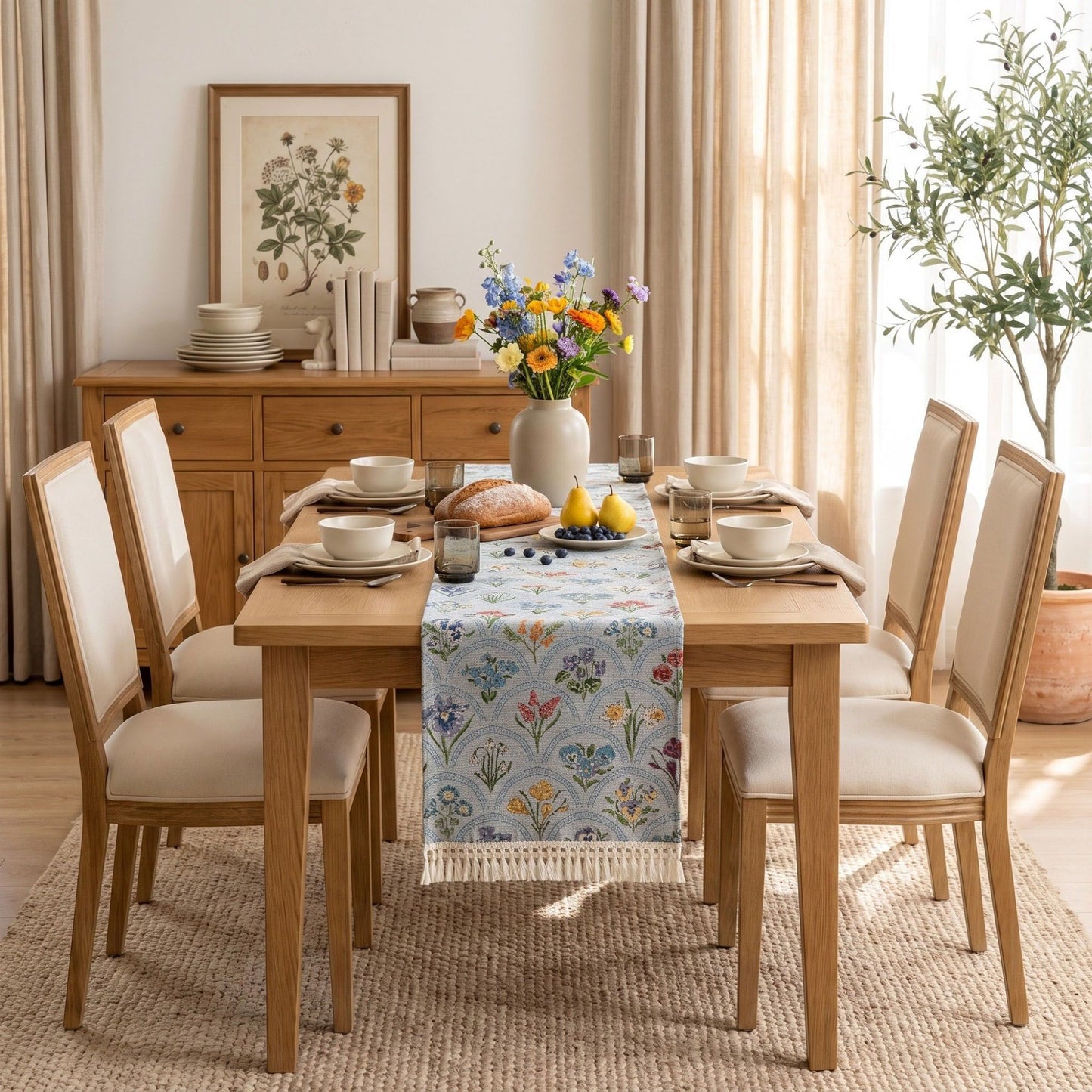 Beige Multicolor Floral Woven Table Runner with Tassel Fringe 13.8x47.2in