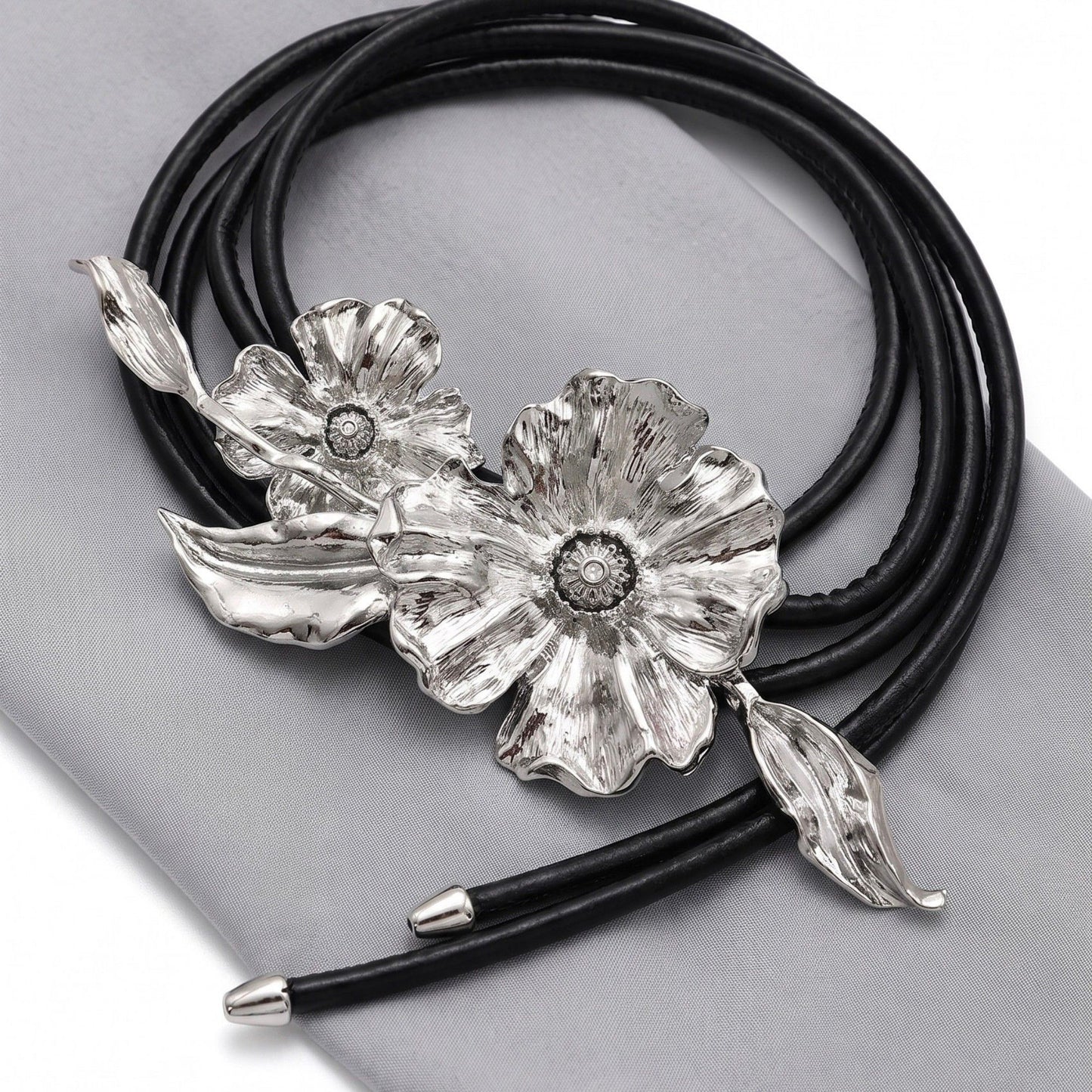 Dual Poppy Flower Leather Waist Belt Adjustable Floral Statement Waist Jewelry 43.3in
