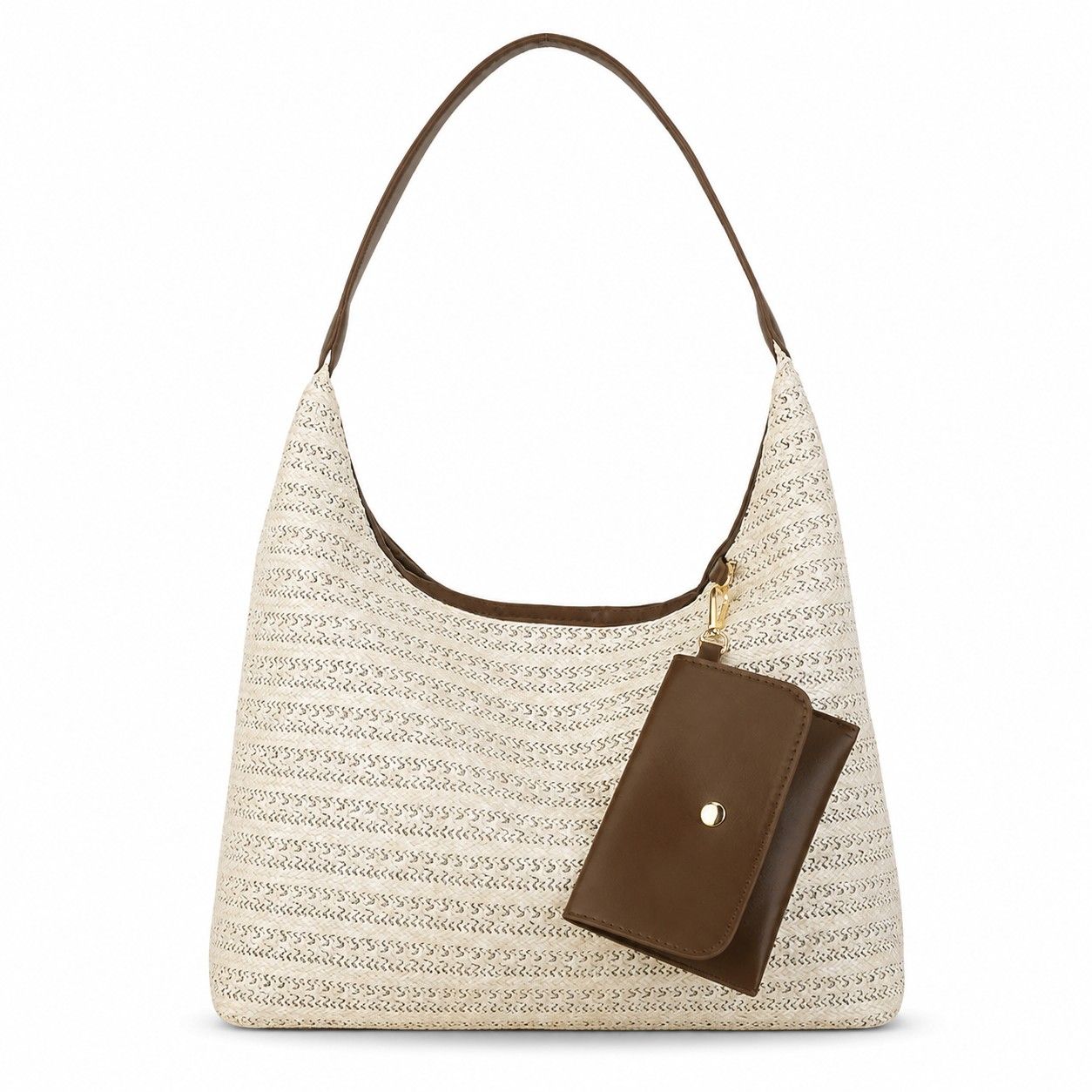 Woven Straw Shoulder Bag Hobo Handbag with Removable Pouch and Magnetic Closure