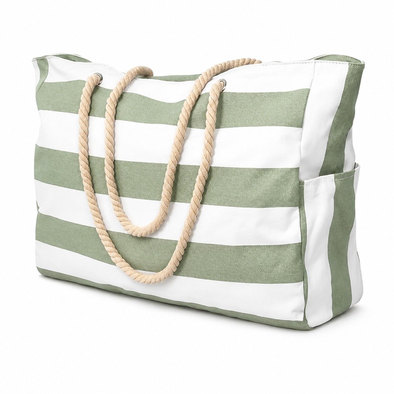Striped Beach Tote Bag with Zip Closure Rope Handles and Side Pockets