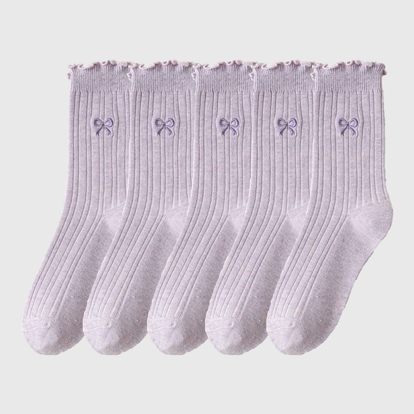 Summer Ribbed Ankle Socks with Bow Embroidery Casual 5Pk