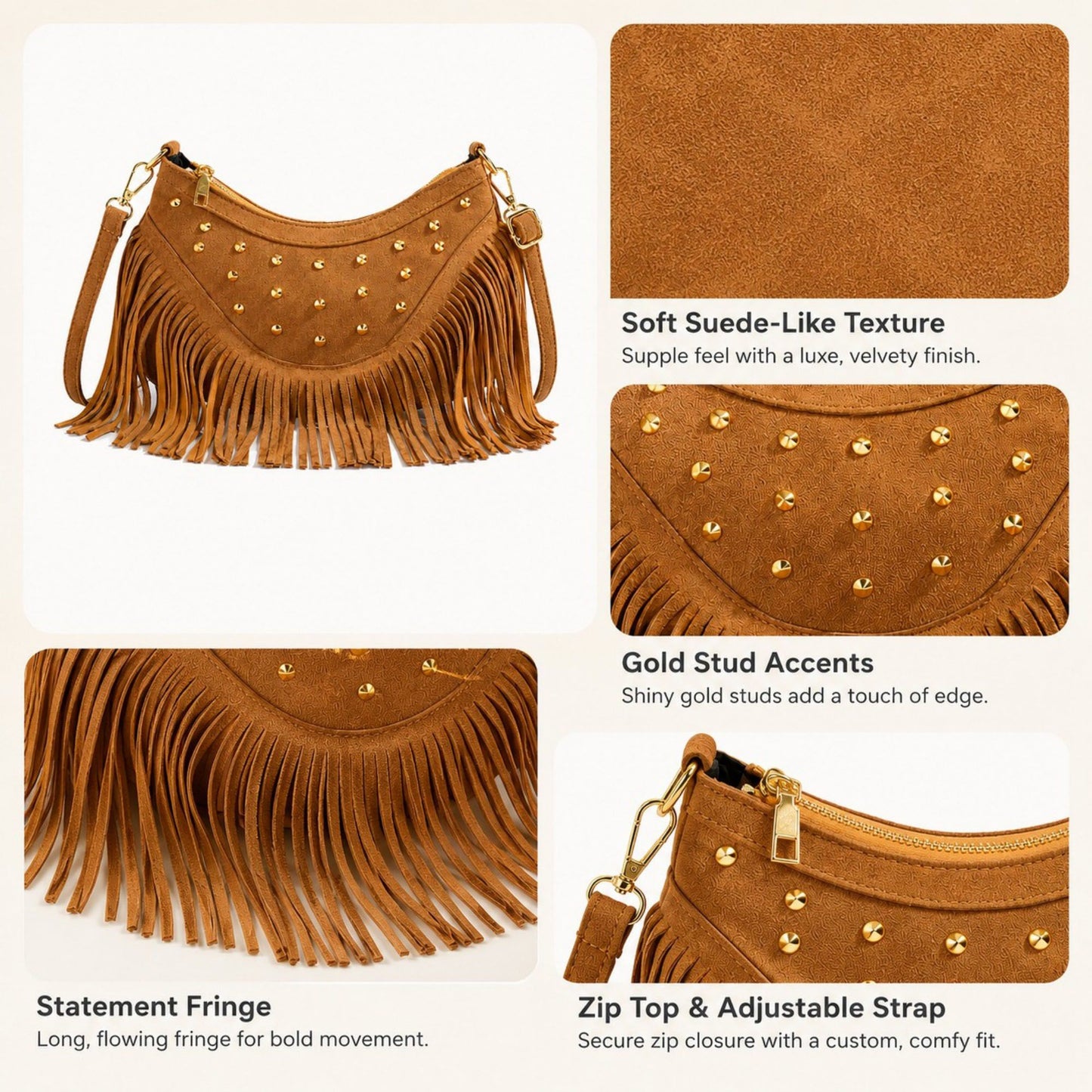 Studded Fringe Crossbody Bag Suede Look Crescent Shoulder Purse with Adjustable Strap