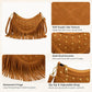 Studded Fringe Crossbody Bag Suede Look Crescent Shoulder Purse with Adjustable Strap