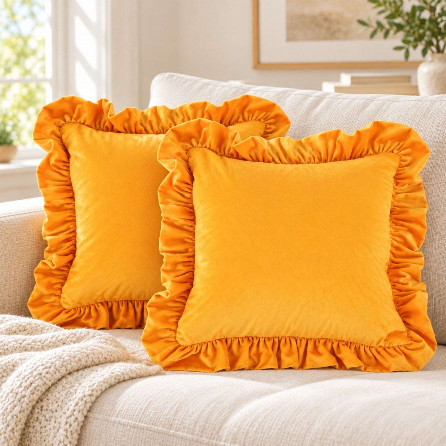 Velvet Ruffle Decorative Throw Pillow Cover Set of 2