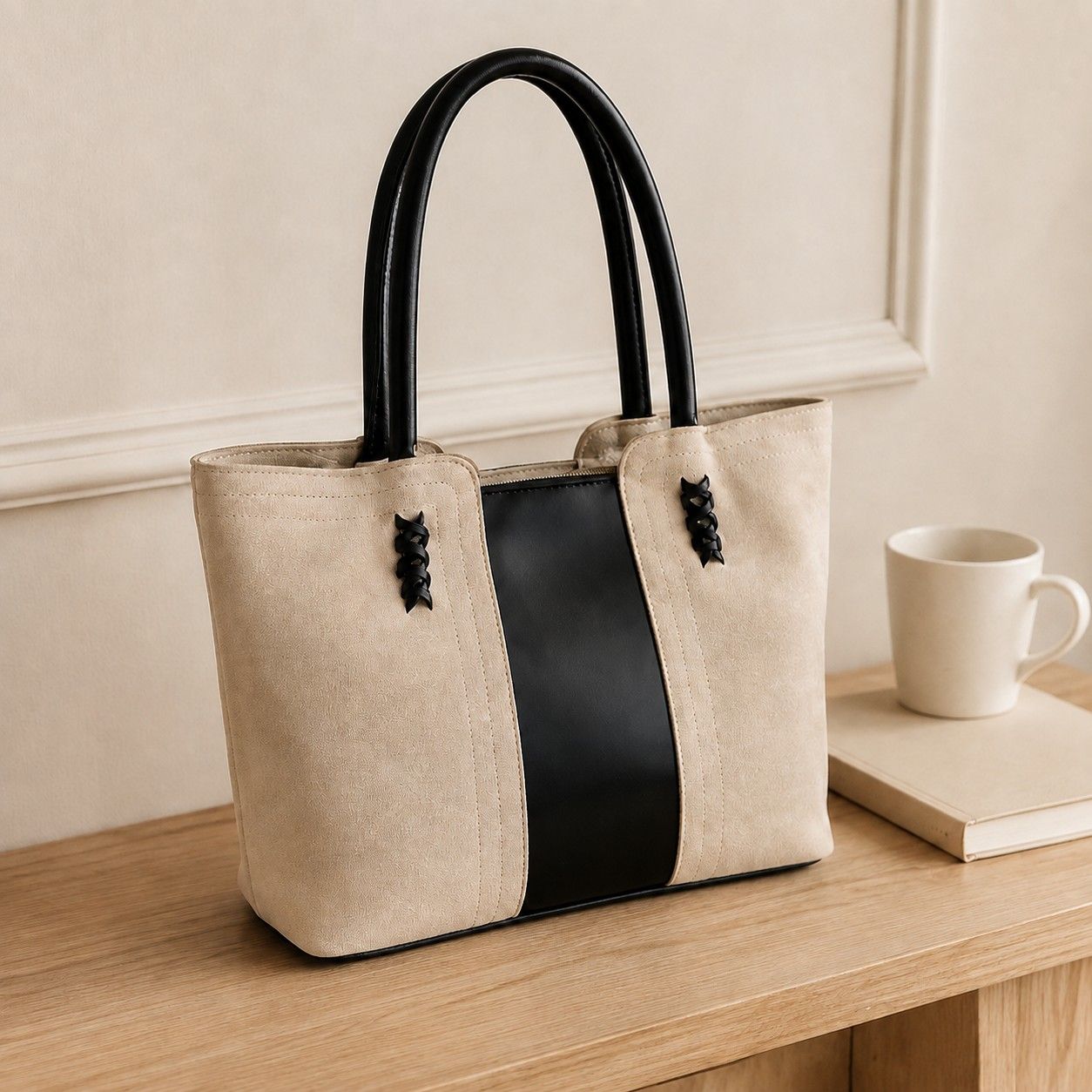 Faux Suede Tote Bag with Double Shoulder Handles Zip Closure and Interior Pockets