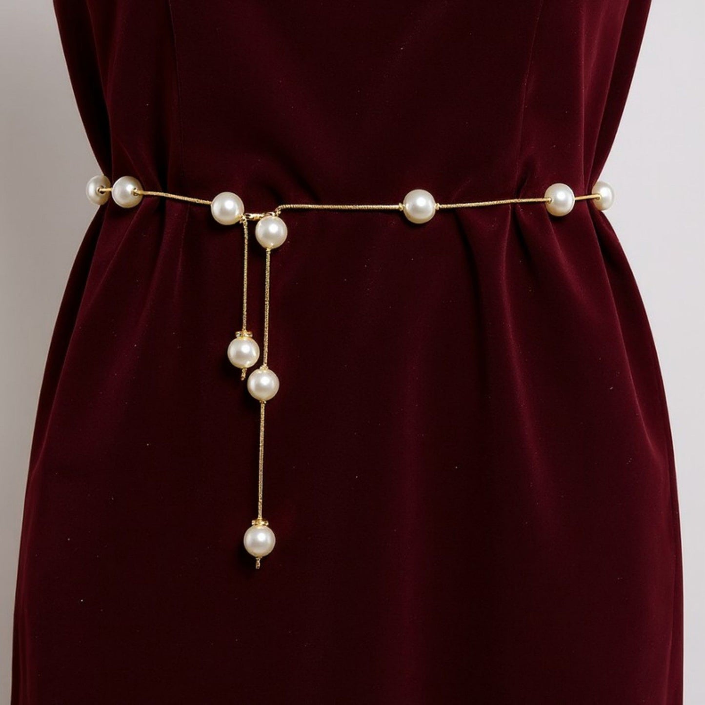 Faux Pearl Waist Chain Belt with Layered Drop Strand Detail 43.5in