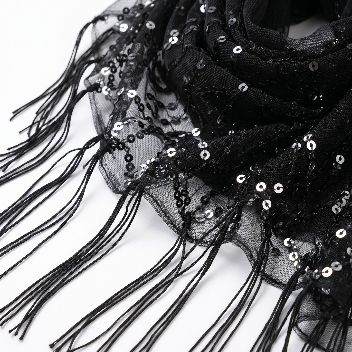 Sheer Sequin Fringe Skinny Scarf with Embroidered Swirl Pattern Neck Tie