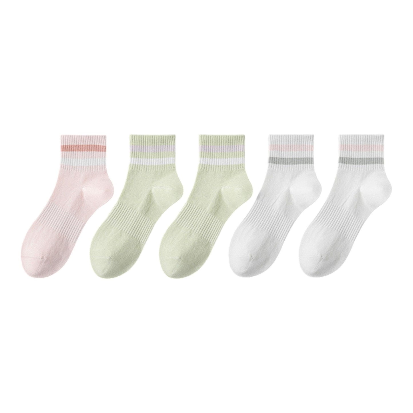 5 Pairs Women Cotton Ankle Socks with Pastel Striped Cuffs Soft Breathable Knit Fabric for Everyday Comfort