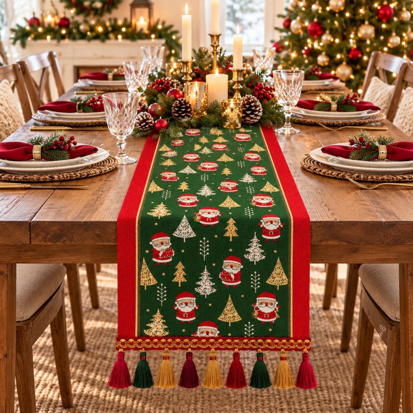 Christmas Patchwork Table Runner with Tassels for Holiday Dining Table Decor