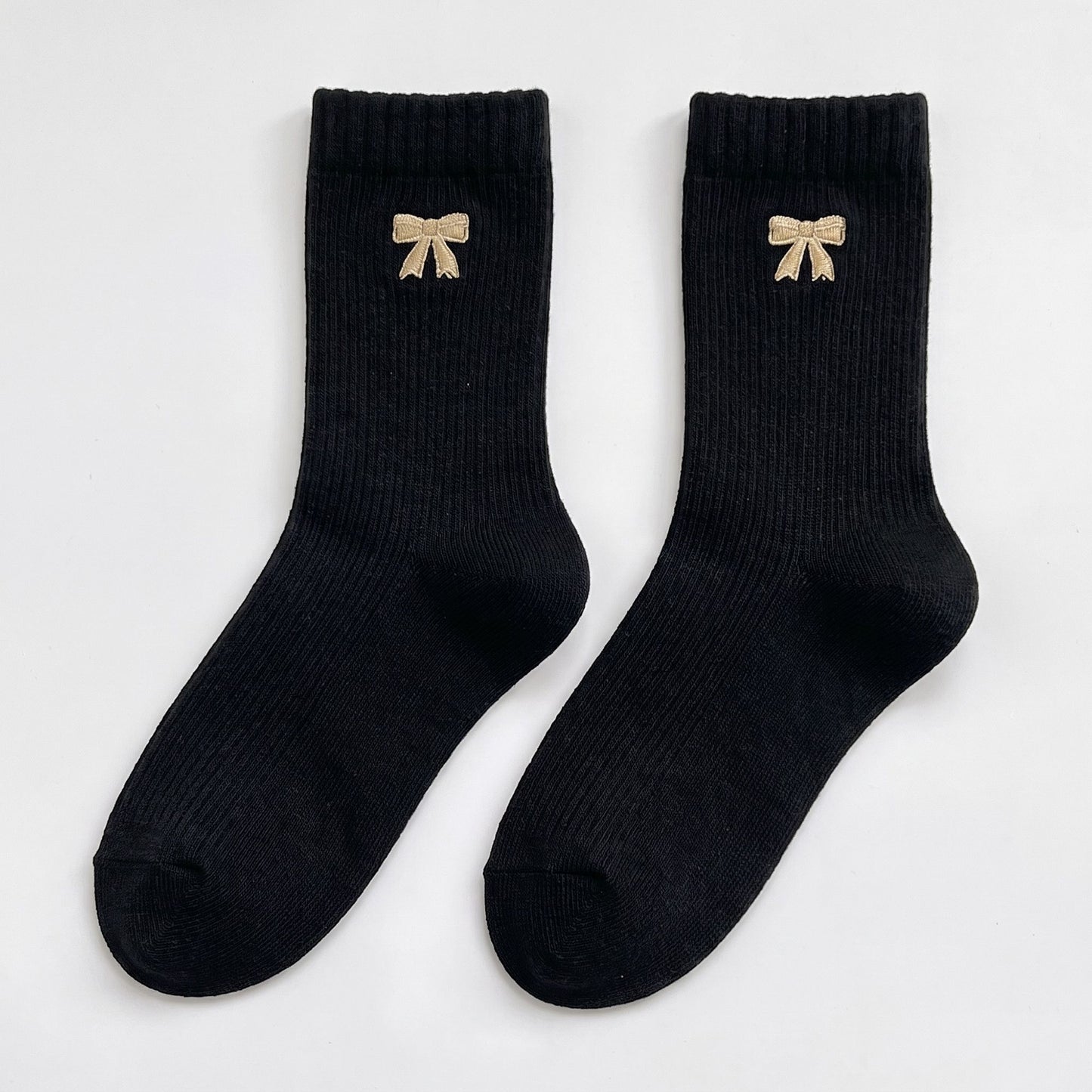 3-Pair Bow Embroidered Crew Socks Set, Ribbed Knit Casual Hosiery