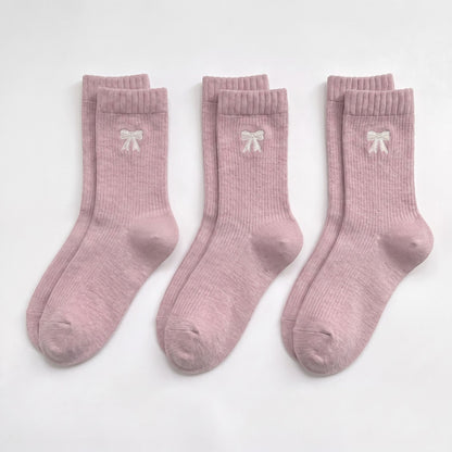 3-Pair Bow Embroidered Crew Socks Set, Ribbed Knit Casual Hosiery