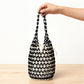 Beaded Bucket Bag with Inner Pouch Open Weave Wooden Bead Shoulder Handbag Lightweight Drawstring Tote