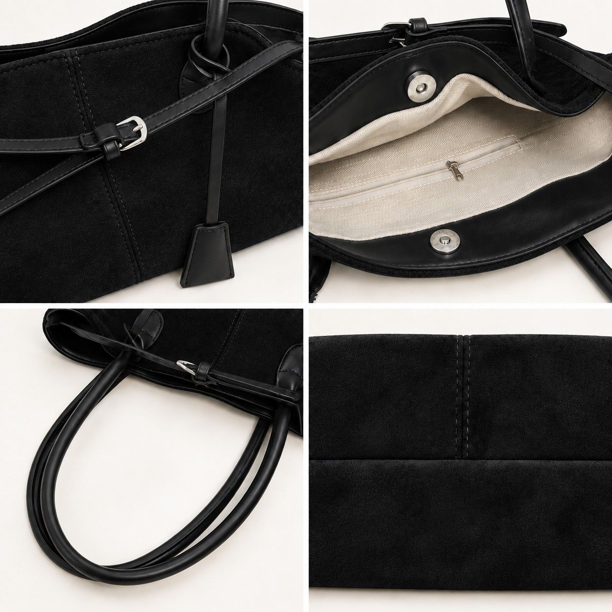 Large Suede Look Tote Bag with Double Handles Magnetic Closure and Interior Zip Pocket