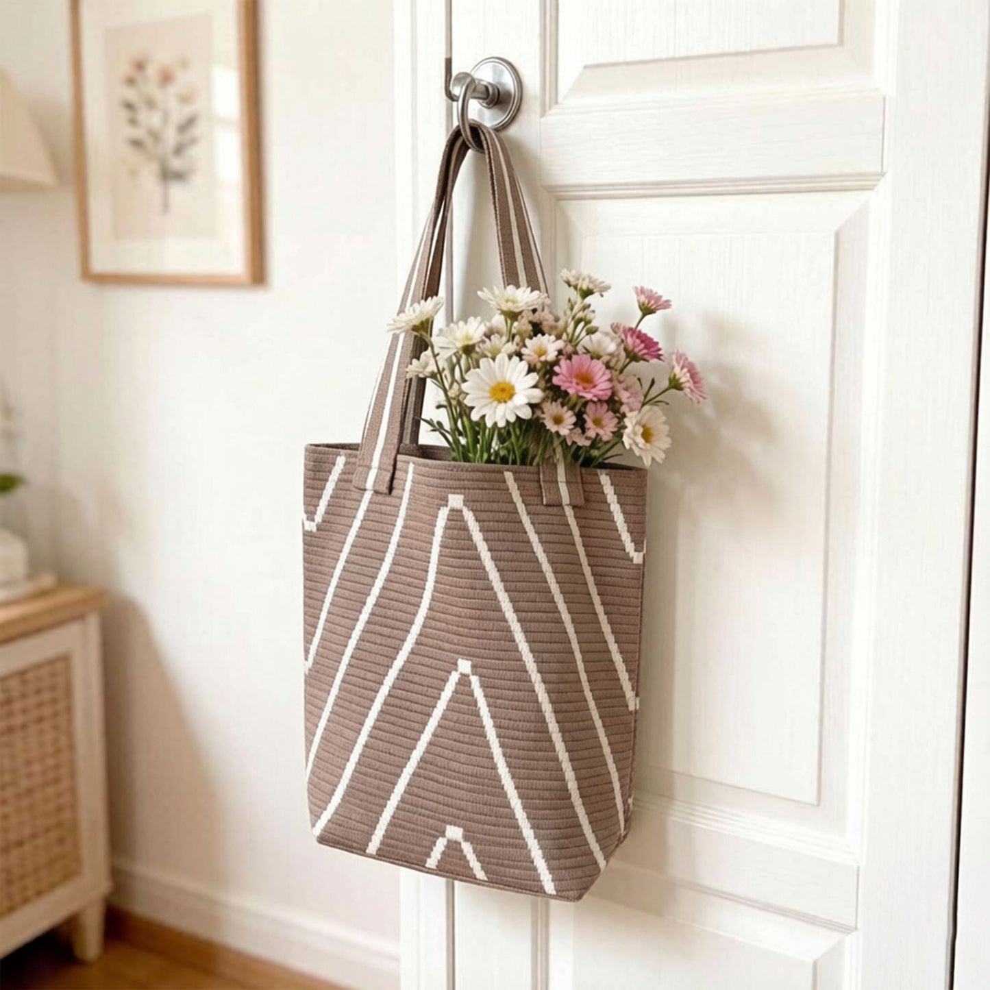 Geometric Stripe Knit Tote Bag with Long Shoulder Straps