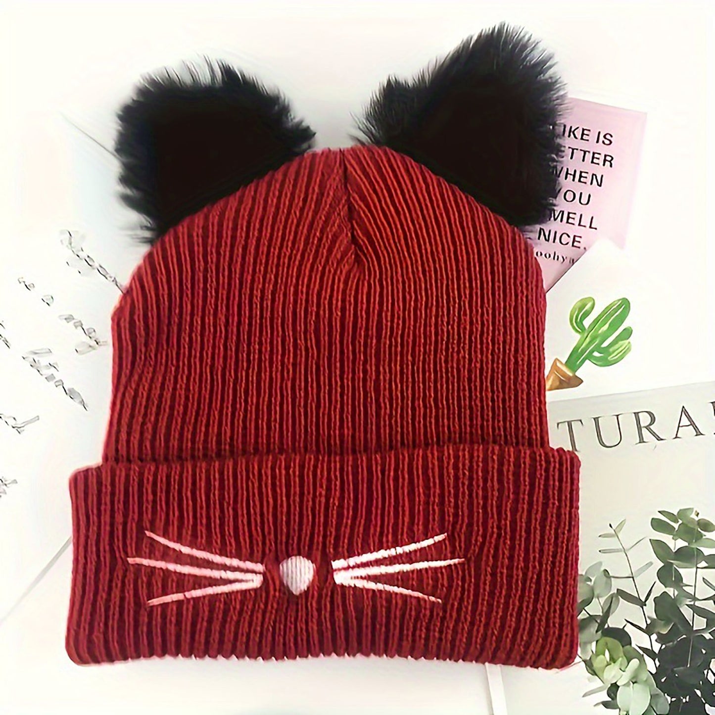 Cat Ear Knit Beanie - Faux Fur Ears with Valentine Heart Whisker Embroidery for Cute Casual Winter Wear