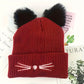 Cat Ear Knit Beanie - Faux Fur Ears with Valentine Heart Whisker Embroidery for Cute Casual Winter Wear