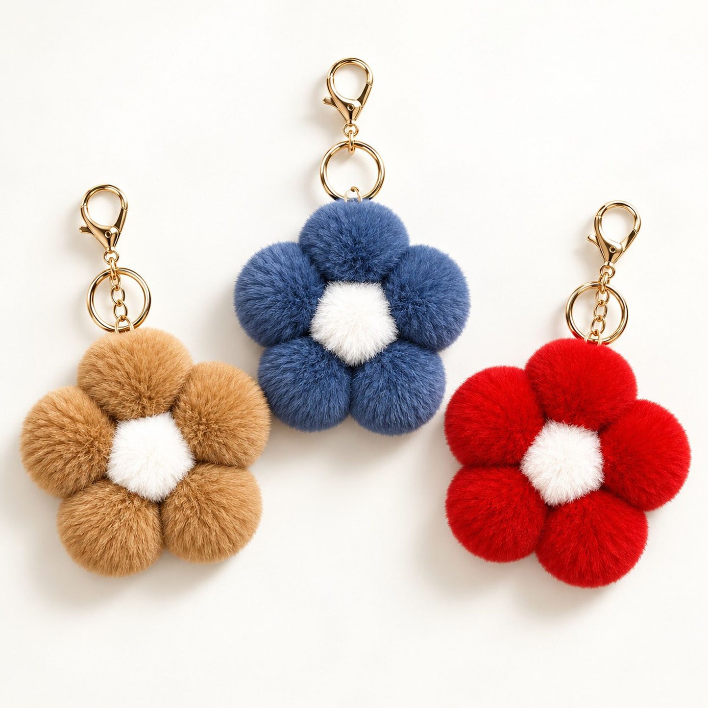 Fluffy Flower Pom Pom Keychain Cute Faux Fur Bag Charm Set