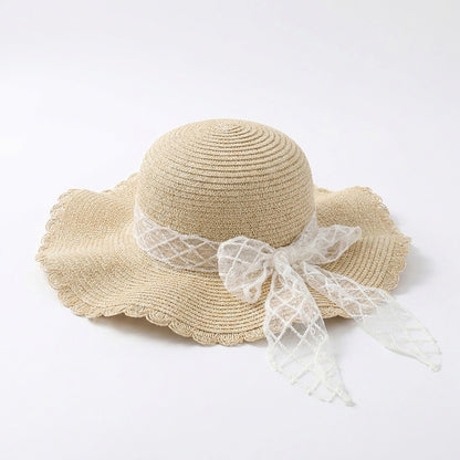 Wide Brim Straw Sun Hat with Sheer Bow Accent and Scalloped Edge