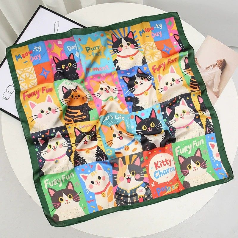 Square Cat Print Silk Feel Satin Scarf Cute Animal Neck Wrap 27.5 Inch