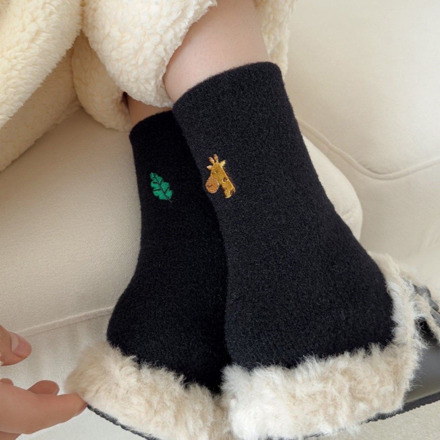 3-Pair Fuzzy Crew Sock Set with Cute Embroidery US 5¨C10