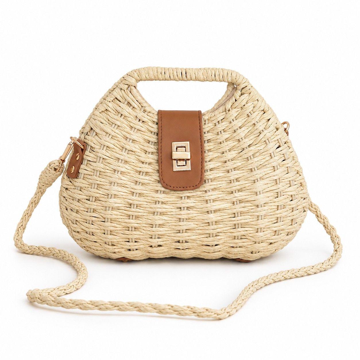 Round Woven Top Handle Crossbody Bag with Button Closure and Chain Strap