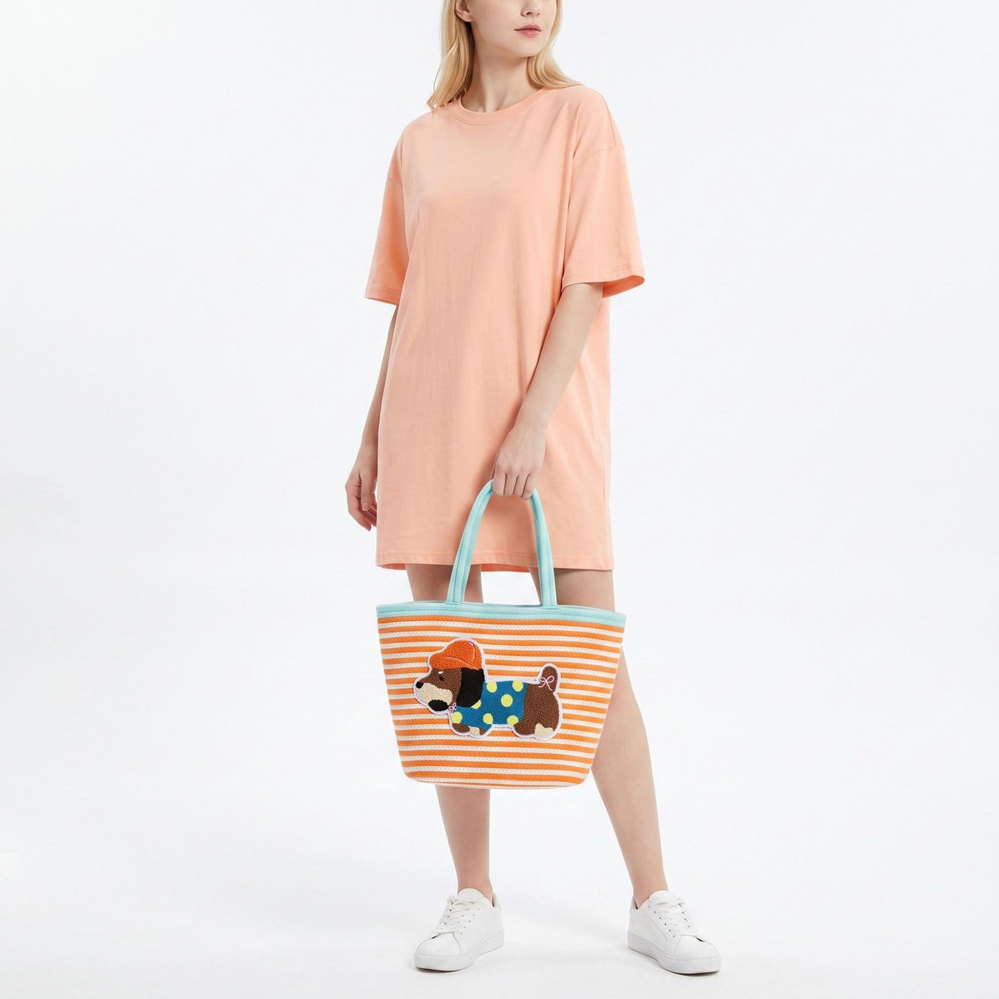 Dog Applique Striped Woven Rope Tote Bag Casual Shoulder Carryall
