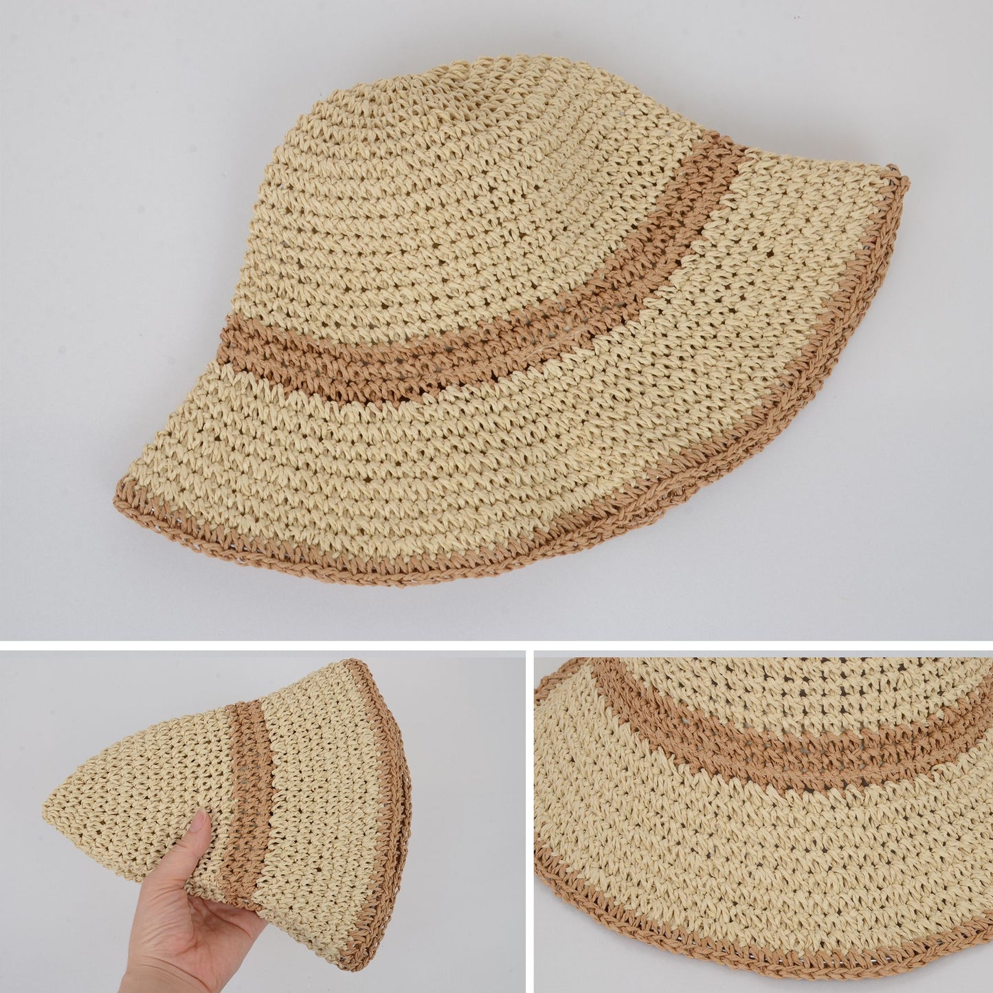 Packable Crochet Straw Bucket Hat with Two-Tone Design Lightweight Summer Sun Hat for Beach Travel Hiking Outdoor Use
