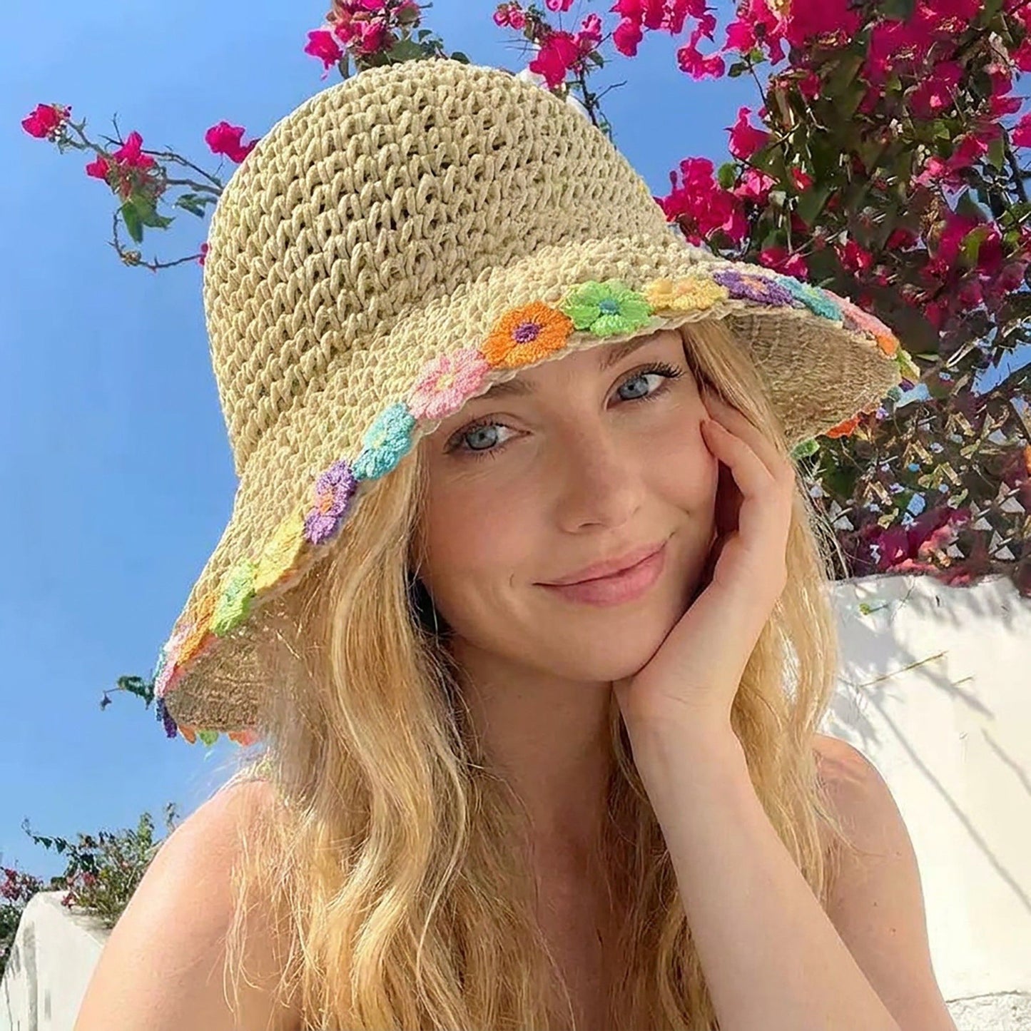 Crochet Bucket Sun Hat with Floral Applique Trim and Soft Brim Design