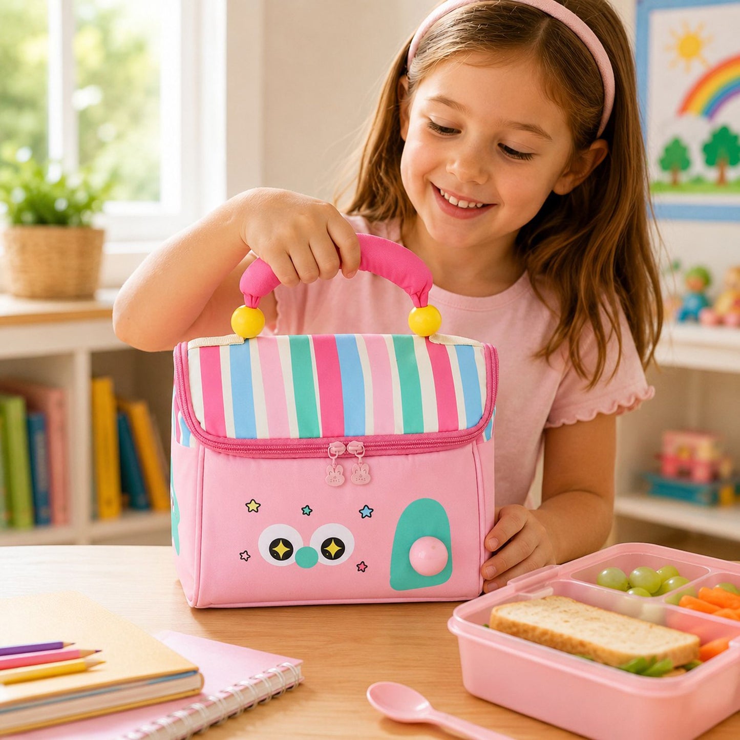Kids Cartoon Lunch Bag with Padded Handle and Zipper Closure