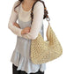 Woven Straw Hobo Bag with Wooden Handle Bead Accents and Spacious Interior