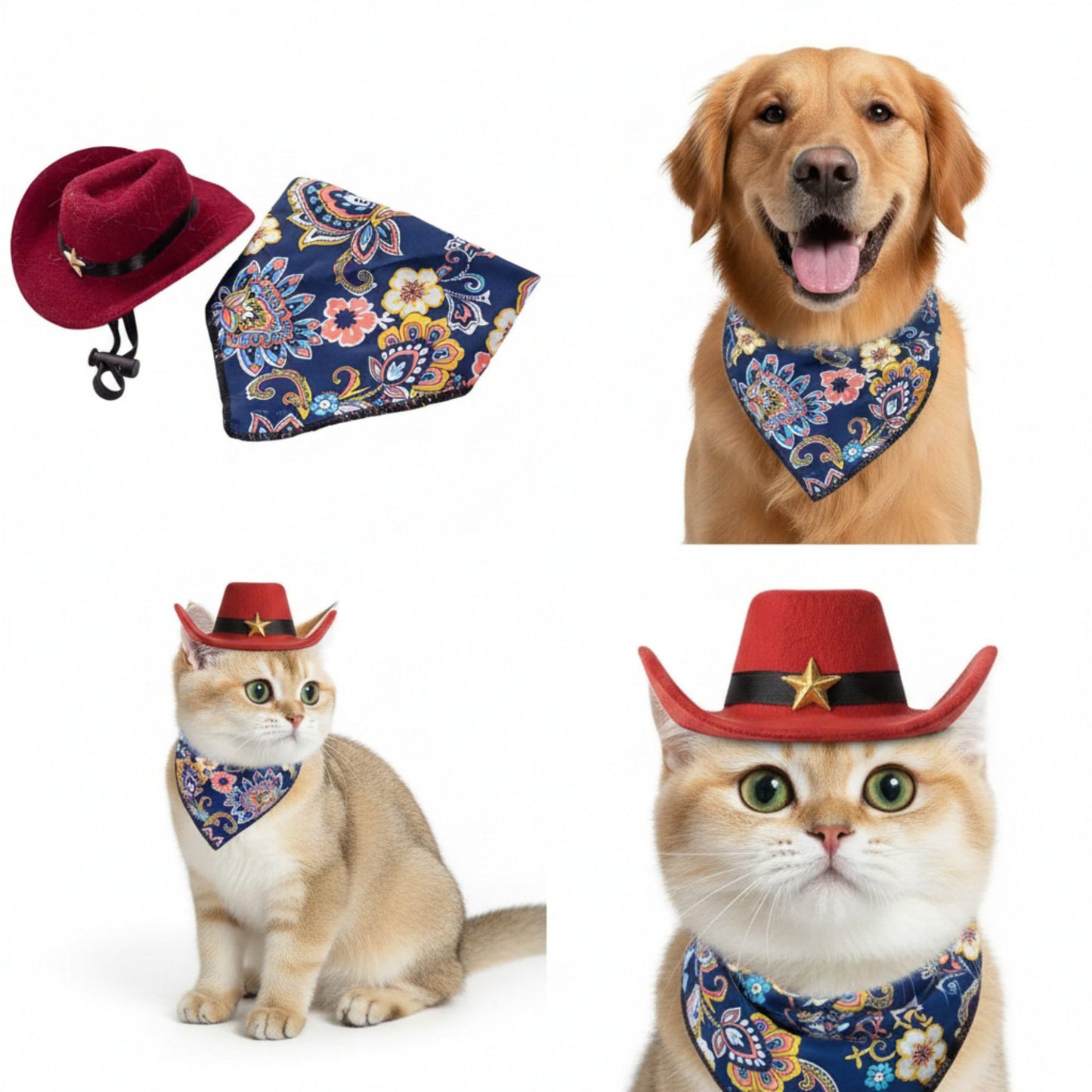 Pet Bandana Scarf Floral Pattern with Hat Accessory for Dogs and Cats