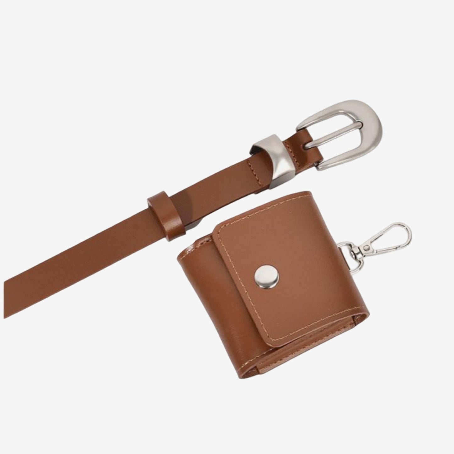Genuine Leather Belt with Detachable Mini Pouch and Silver Tone Buckle 41.3in