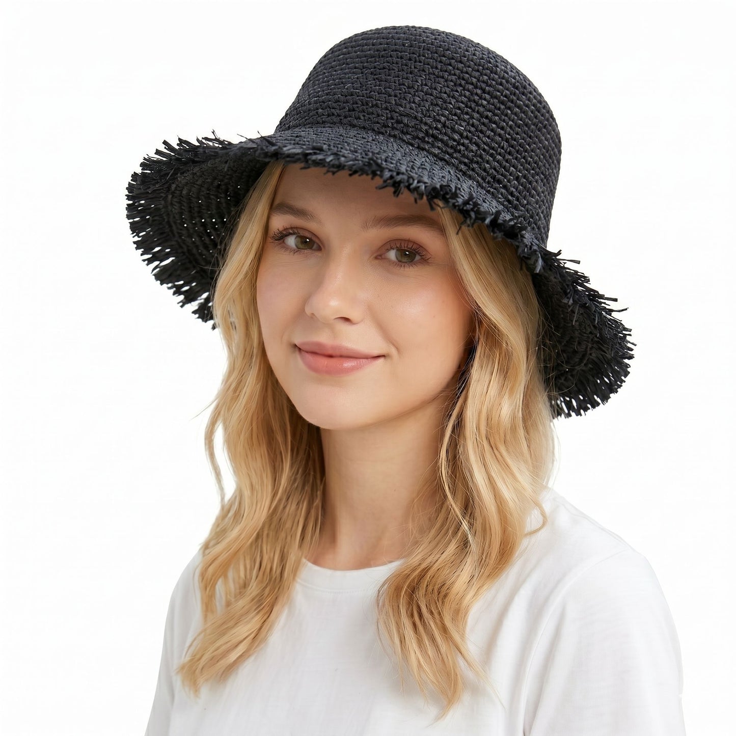 Straw Bucket Hat Frayed Edge Wide Brim Sun Hat Summer Beach UV Protection Cap