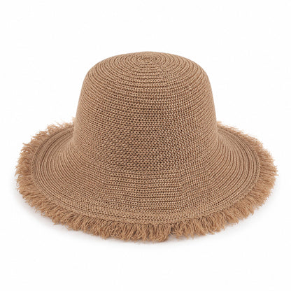Wide Brim Sun Hat with Frayed Edge and Lightweight Open Weave