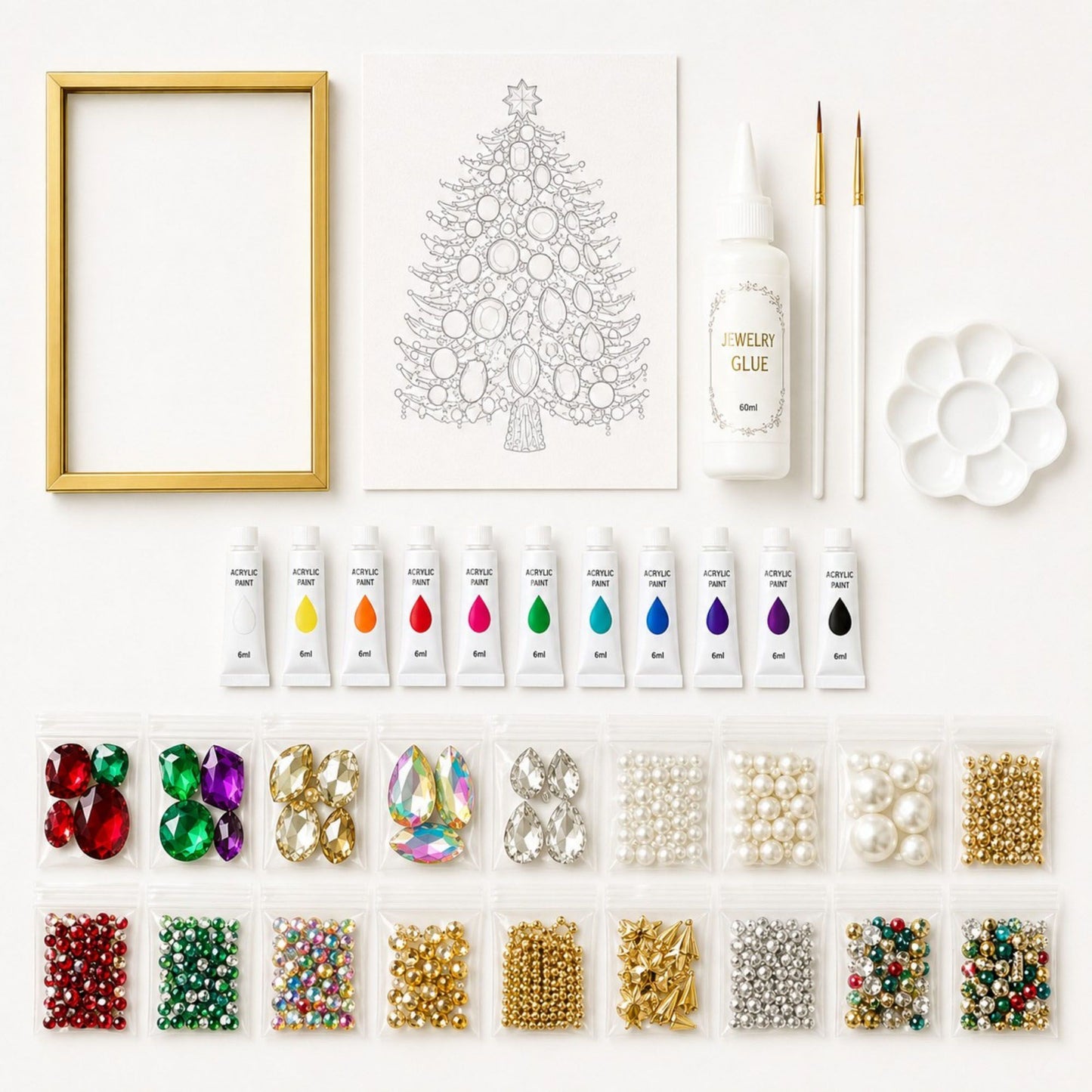 DIY Jeweled Christmas Tree Art Kit with Frame and Craft Supplies